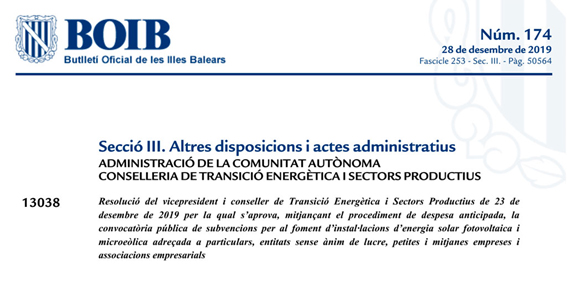 Convocatòria pública de subvencions per al foment d’instal·lacions d’energia solar fotovoltaica i microeòlica adreçada a particulars, entitats sense ànim de lucre, petites i mitjanes empreses i associacions empresarials