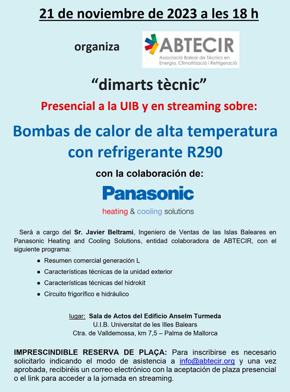 Pròxim 21 de novembre “Dimarts Tècnic” sobre sobre Bombes de calor d’alta temperatura amb refrigerant R290 per part de l’entitat col·laboradora PANASONIC.