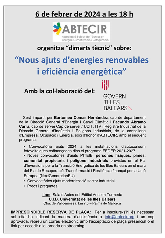 Pròxim 6 de gener “Dimarts Tècnic” sobre sobre Nous ajuts d’energies renovables i eficiència energètica per part del nostre Soci d’Honor, el GOVERN DE LES ILLES BALEARS